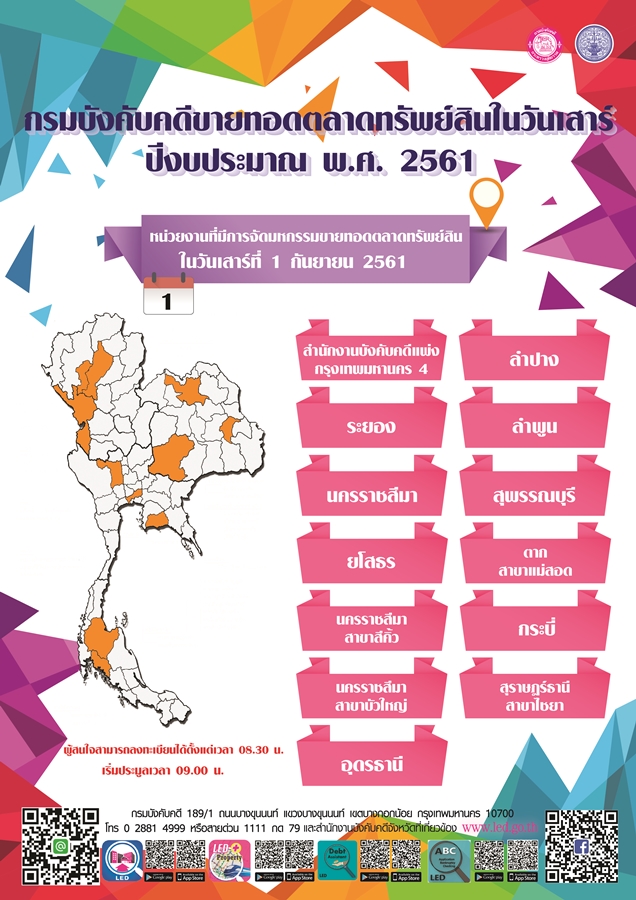 ﻿กรมบังคับคดีจัดการขายทอดตลาดทรัพย์สินทุกวันเสาร์ สำหรับเดือนกันยายน 2561 